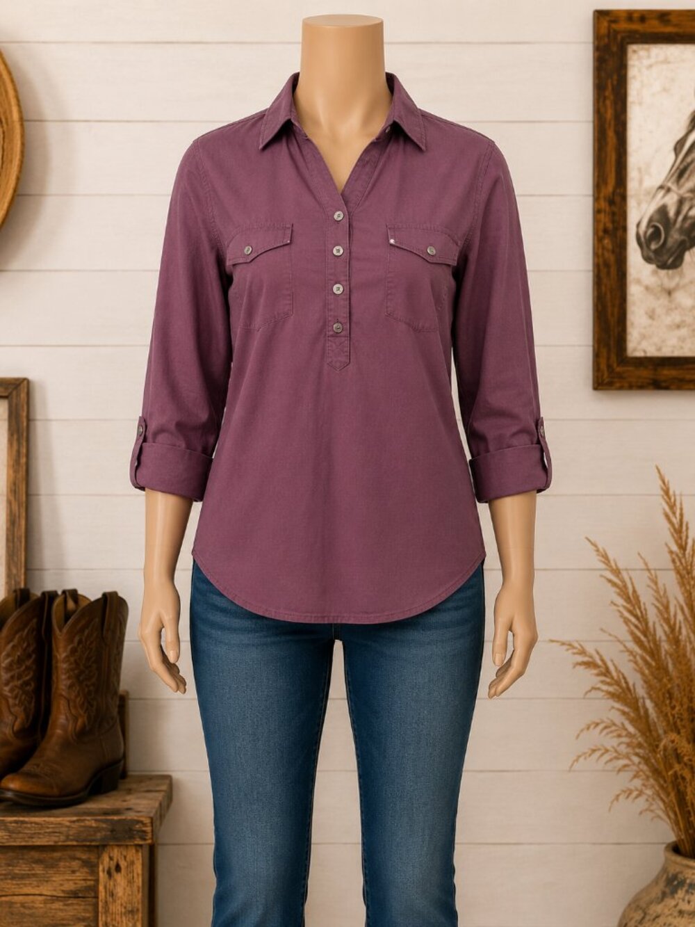 New York & Company 7th Avenue Plum Button-Front Top Size XL